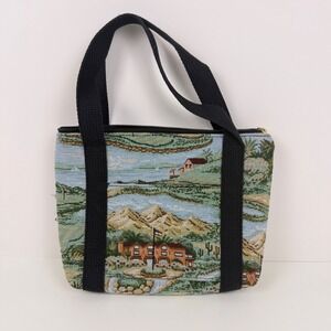 Vintage Tapestry Handbag Lake Landscape Small‎ Purse 90s